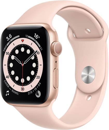 Умные часы Apple Watch Series 6, 44 мм, корпус из алюминия золотого цвета, спортивный ремешок цвета «розовый песок» фото