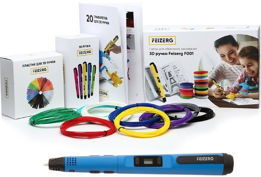 3D ручка Feizerg F001, синяя с набором для объемного рисования (Feizerg F001 Blue, Пластик 10 цветов, трафареты 20) фото