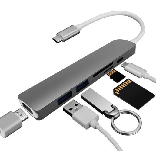 Адаптер-конвертер для телефона, ноутбука, type-C USB 3.0 hub, серый фото