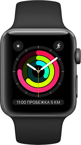 Умные часы Apple Watch Series 3 42мм, корпус из алюминия цвета «серый космос», спортивный ремешок чёрного цвета фото
