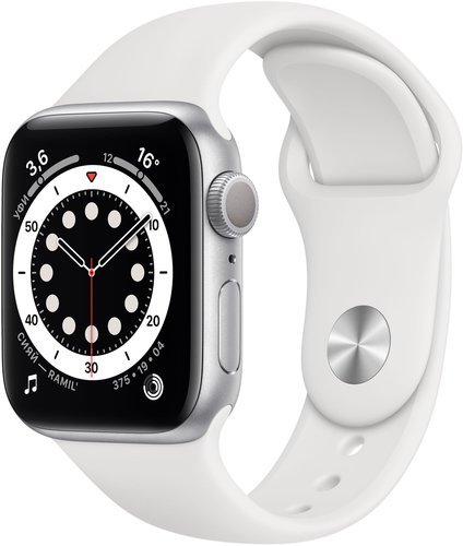 Умные часы Apple Watch Series 6, 40 мм, корпус из алюминия серебристого цвета, спортивный ремешок белого цвета фото