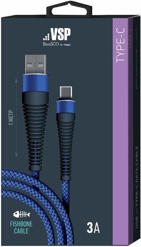Дата-кабель BoraSCO USB - Type C, 3А, 1м, Fishbone, в нейлоновой оплетке, витой, темно-синий фото