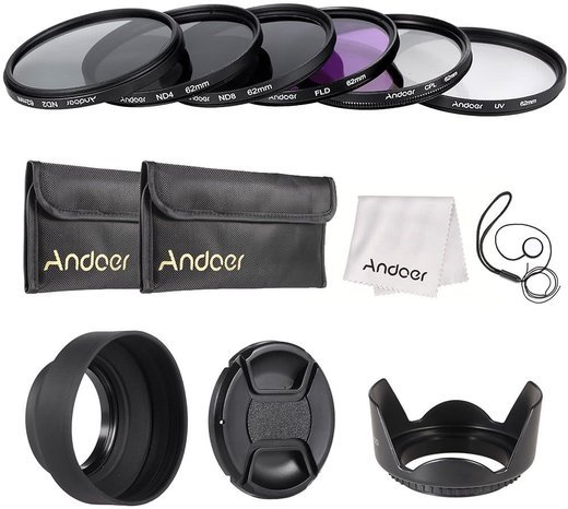 Набор фильтров Andoer 62mm UV, CPL, FLD, ND (ND2 ND4 ND8) с аксессуарами фото