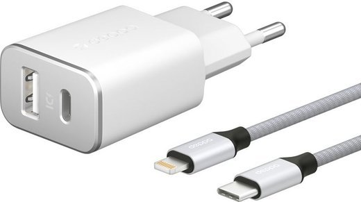 СЗУ адаптер USB Type-C + USB A, PD 3.0, 18Вт, дата-кабель USB-C - Lightning (MFI) нейлон, Ultra, белый, Deppa фото