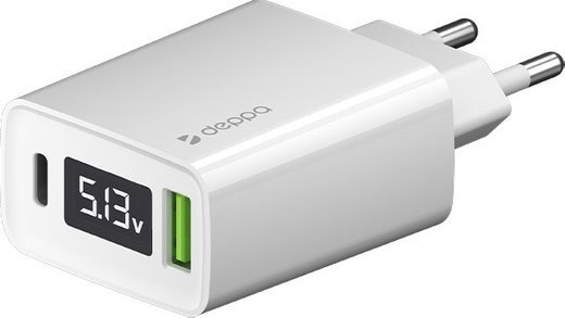 СЗУ адаптер USB Type-C + USB A, QC 3.0, Power Delivery, 27Вт, с дисплеем, белый, Deppa фото