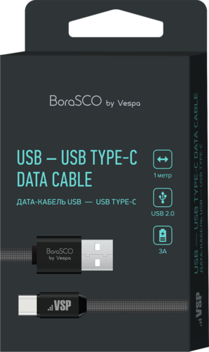Дата-кабель BoraSCO USB - Type-C, 3А, 1м, металл, в нейлоновой оплетке, плоский, черный фото