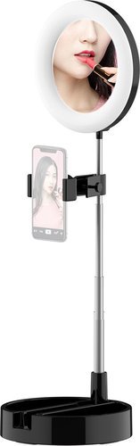Кольцевая лампа с зеркалом, с выдвижным штативом и зажимом смартфона 3 режима и 10 уровней яркости, черный фото