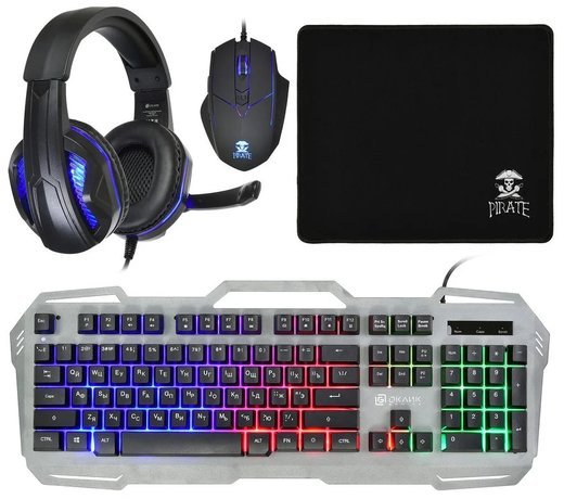 Комплект Оклик HS-HKM300G Pirate (клавиатура, мышь, коврик для мыши, гарнитура), черный фото
