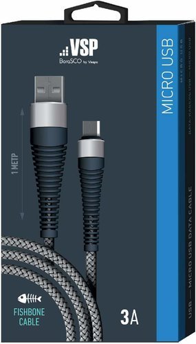 Дата-кабель BoraSCO USB - Micro USB, 3А, 1м, Fishbone, в нейлоновой оплетке, витой, серый фото