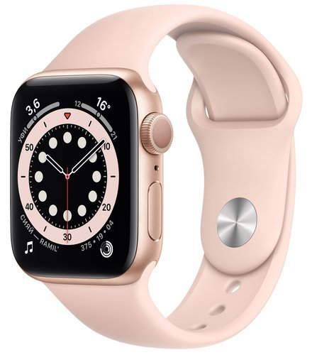 Умные часы Apple Watch Series 6, 40 мм, корпус из алюминия золотого цвета, спортивный ремешок цвета «розовый песок» фото