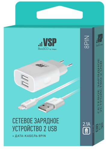 СЗУ адаптер 2 USB 2.1A + Дата-кабель 8pin 2А (100 см) белый, BoraSCO фото