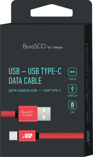 Дата-кабель BoraSCO USB - Type-C, 3А, 1м, металл, в нейлоновой оплетке, плоский, красный фото