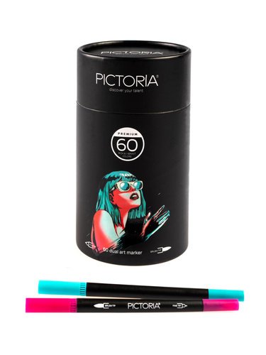 Набор двусторонних маркеров Pictoria кисть и линер, для скетчинга и творчества, 60 цветов фото