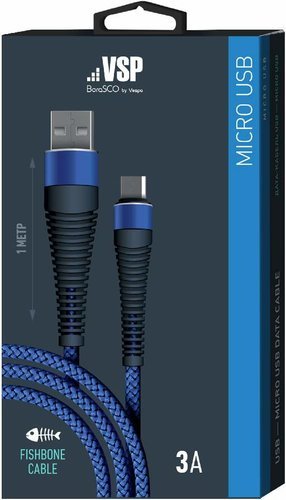Дата-кабель BoraSCO USB - Micro USB, 3А, 1м, Fishbone, в нейлоновой оплетке, витой, темно-синий фото