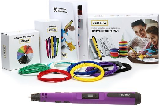 3D ручка Feizerg F001, фиолетовая с набором для объемного рисования (Feizerg F001 Purple, Пластик 10 цветов, трафареты 20) фото