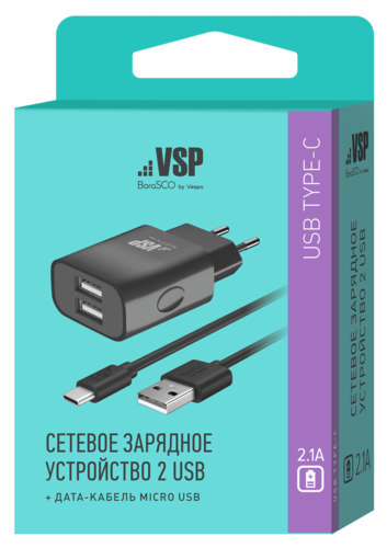 СЗУ адаптер 2 USB 2.1A + Дата-кабель Type-C 2А (100 см) черный, BoraSCO фото
