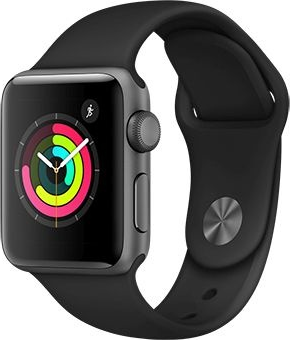 Умные часы Apple Watch Series 3 38мм, корпус из алюминия цвета «серый космос», спортивный ремешок чёрного цвета фото