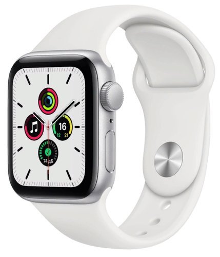 Умные часы Apple Watch SE, 44 мм, корпус из алюминия серебристого цвета, спортивный ремешок белого цвета фото