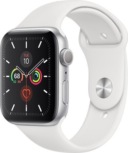Умные часы Apple Watch Series 5 44мм, корпус из алюминия серебристого цвета, спортивный браслет белого цвета фото