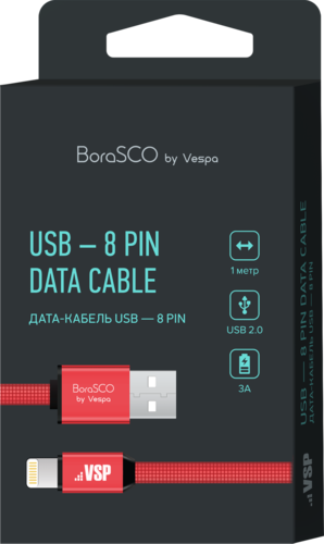 Дата-кабель BoraSCO USB - 8 pin, 3А, 1м, металл, в нейлоновой оплетке, плоский, красный фото