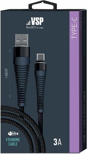 Дата-кабель BoraSCO USB - Type C, 3А, 1м, Fishbone, в нейлоновой оплетке, витой, черный фото