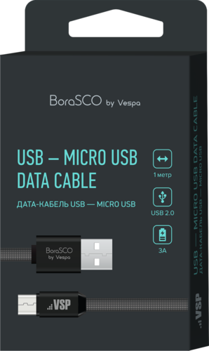 Дата-кабель BoraSCO USB - Micro USB, 3А, 1м, металл, в нейлоновой оплетке, плоский, черный фото