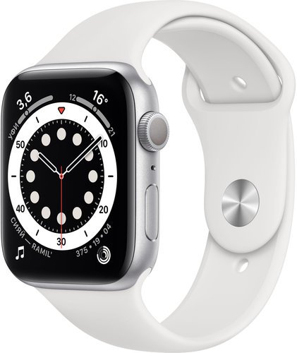 Умные часы Apple Watch Series 6, 44 мм, корпус из алюминия серебристого цвета, спортивный ремешок белого цвета фото