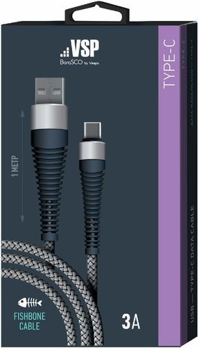 Дата-кабель BoraSCO USB - Type C, 3А, 1м, Fishbone, в нейлоновой оплетке, витой, серый фото