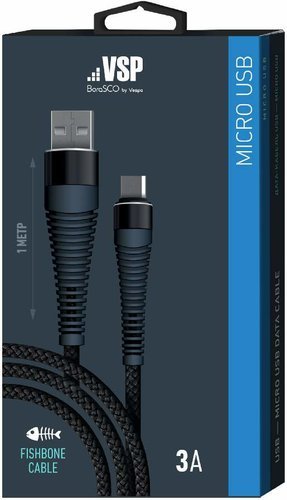 Дата-кабель BoraSCO USB - Micro USB, 3А, 1м, Fishbone, в нейлоновой оплетке, витой, черный фото