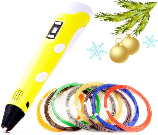 Новогодний набор (3D ручка Spider Pen PLUS, Пластик, Трафареты) цвет Желтый фото
