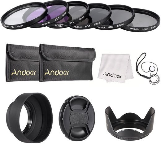 Набор фильтров Andoer 52mm УФ, CPL, FLD, ND (ND2 ND4 ND8) с аксессуарами фото