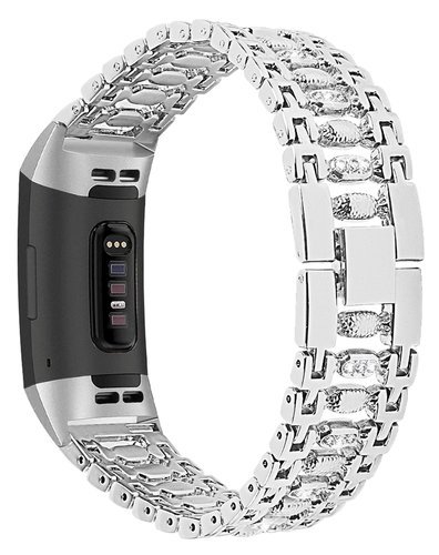 Ремешок для браслета Bakeey для Fitbit Charge 3, нержавеющая сталь, серебро, белые кристаллы фото